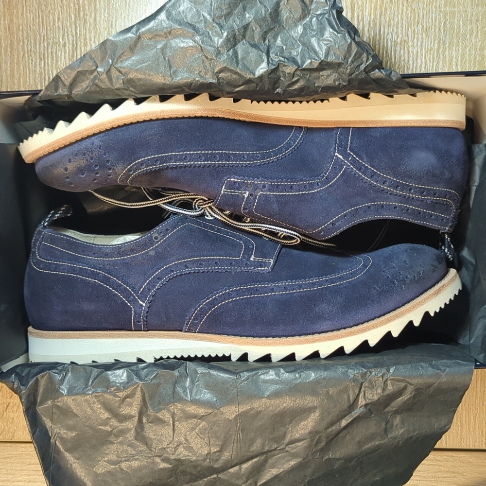 Narrative Blue Suede Shark Tooth Derby Oxford Brogue Wingtip Shoe Italy 44 11 - Picture 5 of 7